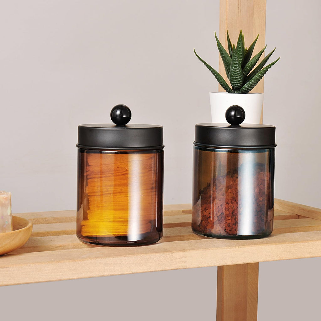 Amolliar Amber Glass Apothecary Jars Qtip Holder w/Metal Lids,Black 2pc