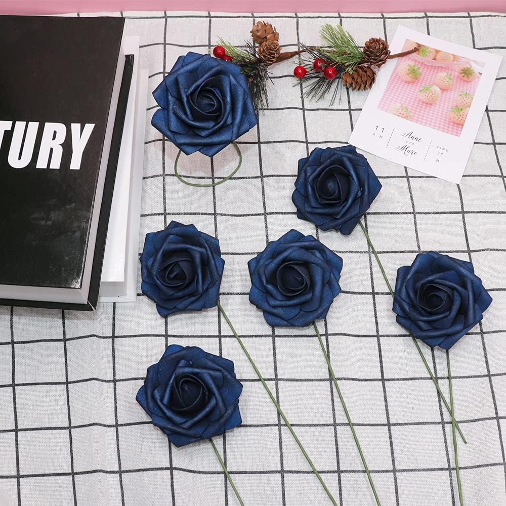 50pcs Artificial Flower，Real Touch Artificial Foam Roses Decoration DIY for Wedding Bridesmaid Bridal Bouquet Centerpieces Party(50, Navy Blue)