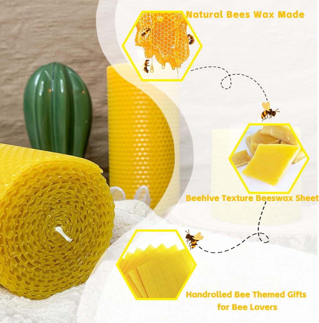 Beeswax Pillar Candles Set of 3, Size 3"x6", 3"x 4" & 3"x 3", Natural Bees Wax Candle Sheet Handrolled for Home Décor, Yellow