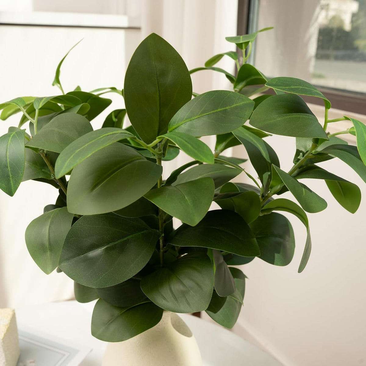 Artificial Eucalyptus Stems in White Matte Resin Vase,Realistic Greenery 16" Faux Plant Arrangements Home Decor Weddings Centerpieces