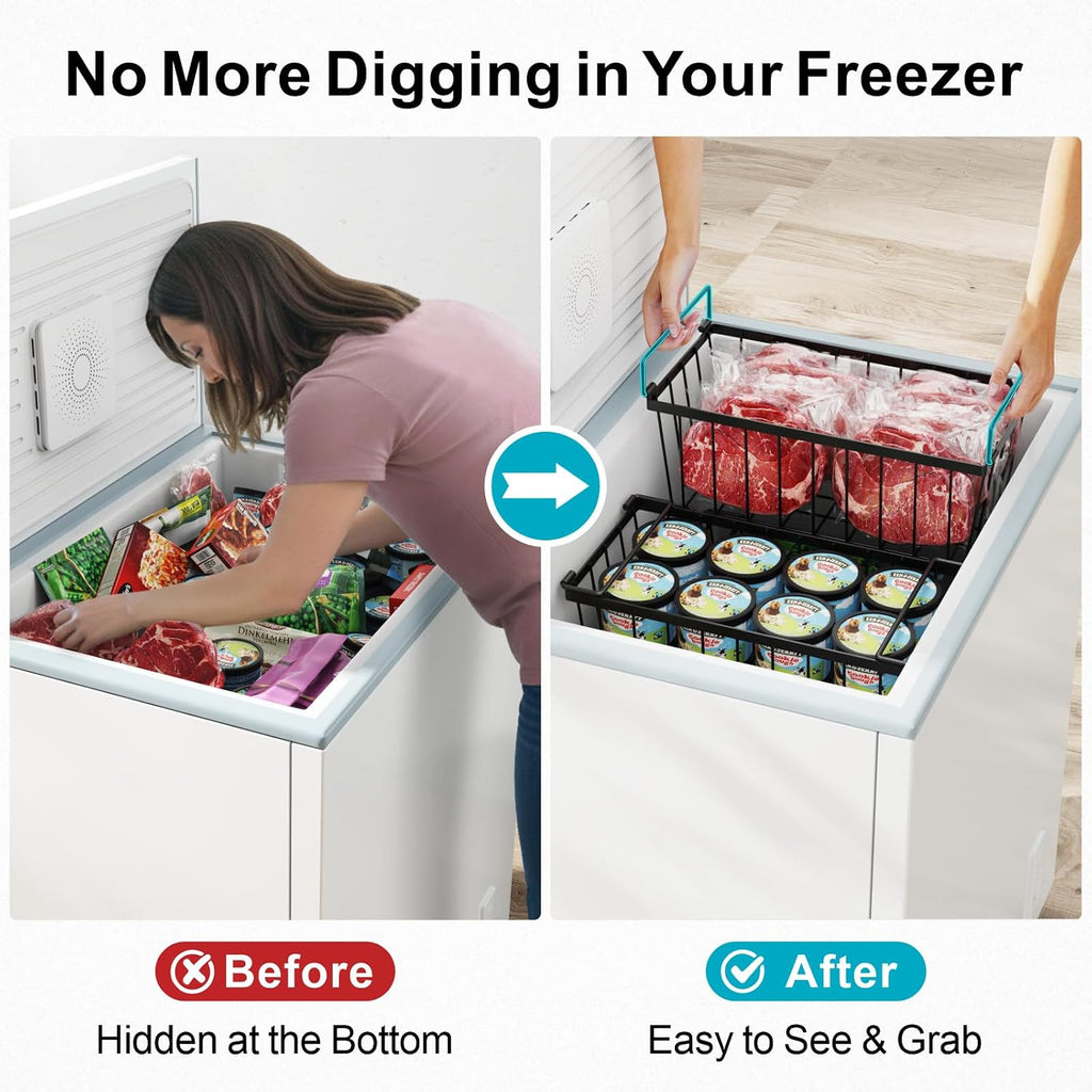 iSPECLE Freezer Organizer Bins, 4 Pack Deep Freezer Baskets for 5 to 7 Cu.Ft, Stackable Wire Chest Freezer Organizer Bins for Small Food, Strong Metal with Handles for Meat and Veggies, Black
