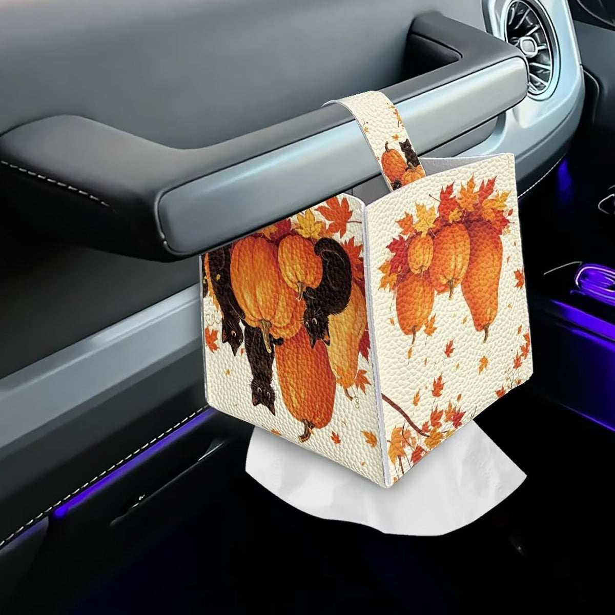 Pumpkin Black Cat Tissue Box Cover PU Leather Square Tissue Holder