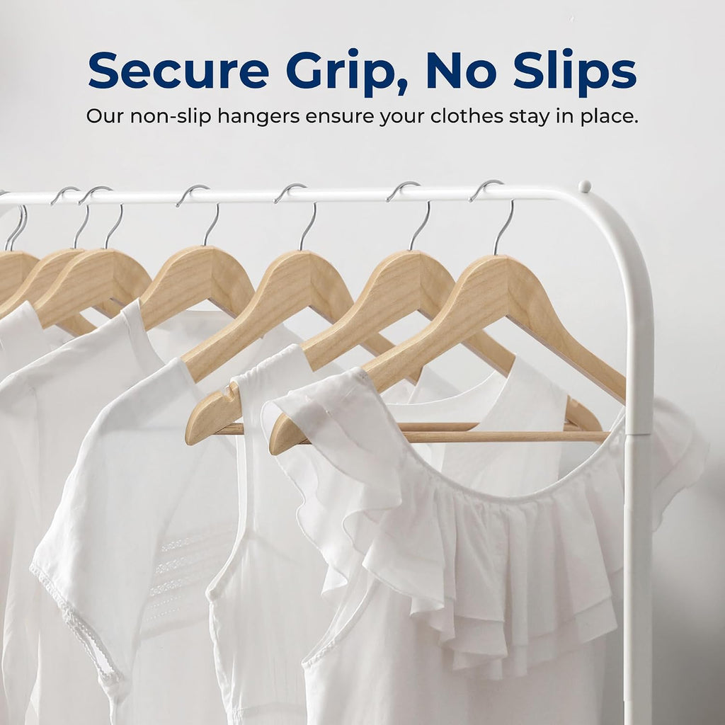 SereneLife 80 Pack Wooden Clothes Hangers | Keep Suits, Coats, Pants & Dresses Neatly Organized | Solid Wood, Pants Bar, Notches, 360° Swivel Hook, 0.47-Inch Profile, Natural Wood Grain | Natural
