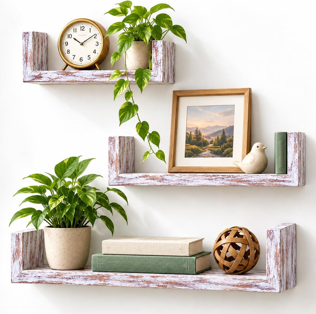 Greenco Set of 3 Floating “U” Shelves, Easy-to-Assemble Floating Wall Mount Shelves for Bedrooms and Living Rooms, Rustic Finish