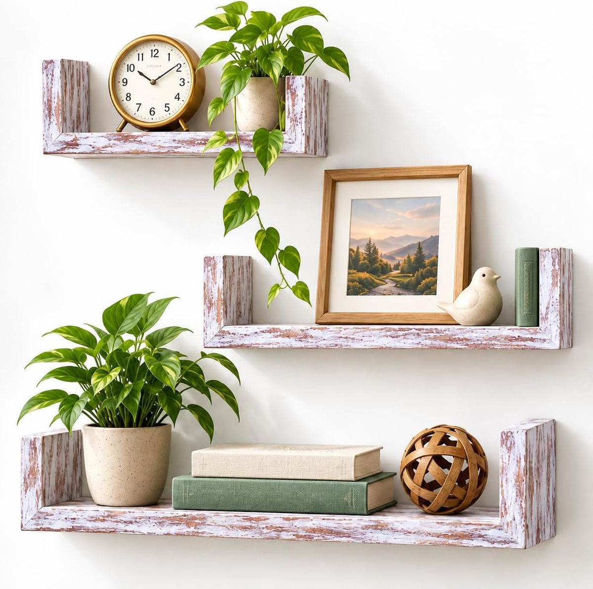 Greenco Set of 3 Floating “U” Shelves, Easy-to-Assemble Floating Wall Mount Shelves for Bedrooms and Living Rooms, Rustic Finish