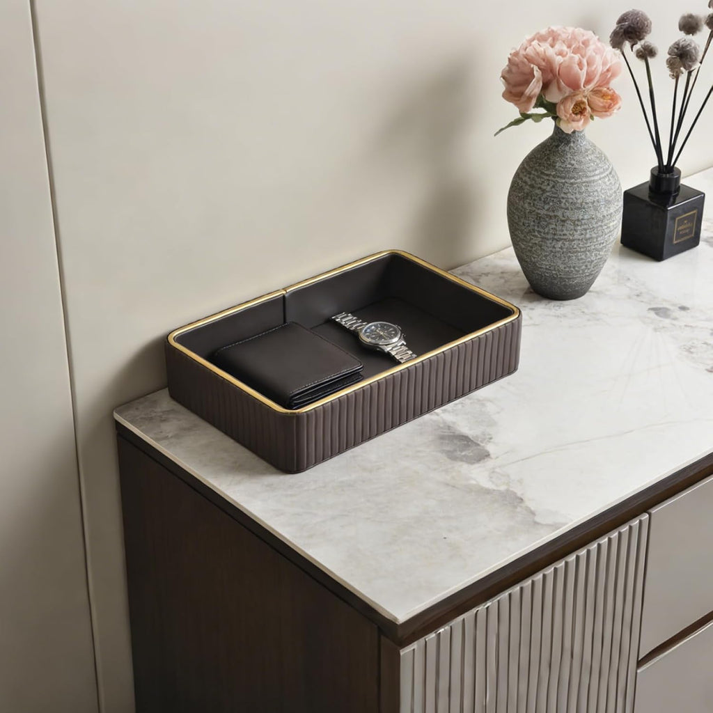 PU Leather Valet Tray,Desk Organizer Tray Nightstand Organizer Trinket Dish Storage Key Bowl Decorative Trays for Phone Wallet Jewelry Watch,Bathroom Bedroom Perfume Vanity Trays,Grey