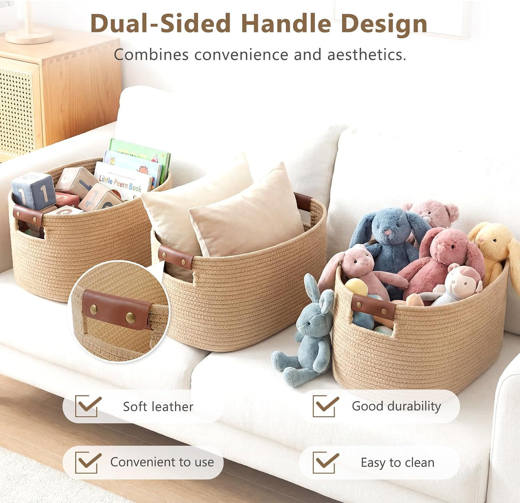 ECDYQXVU 15x10x9 Woven Cotton Rope Storage Basket, Leather Handles 3 Pack