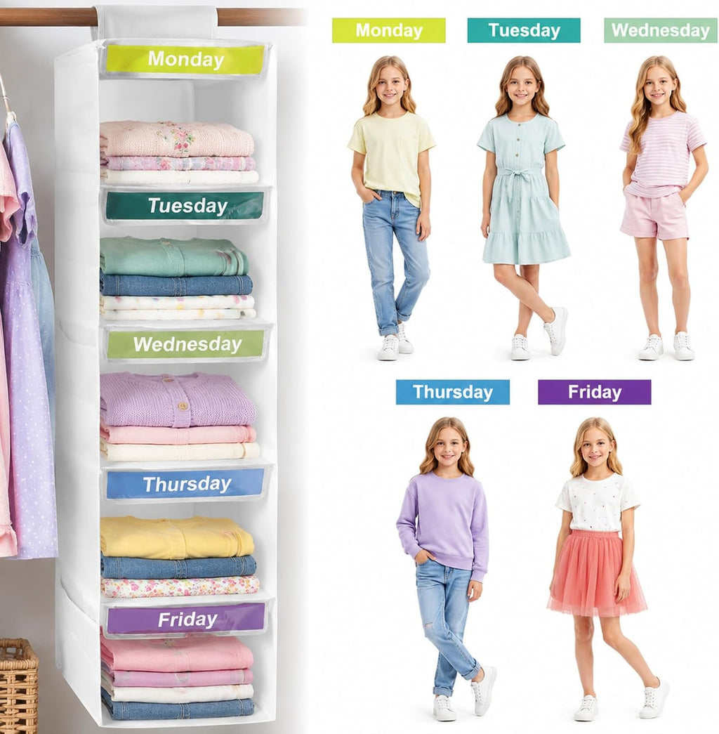 5 Shelf Weekly Hanging Closet Organizer Monday Through Friday Clothes White