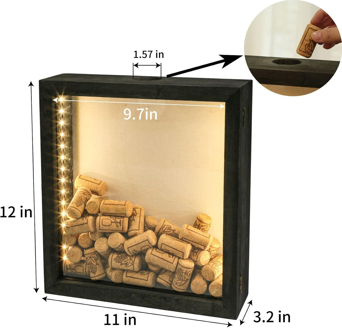 28x30cm LED Shadow Box Frame, Wooden Wine Cork Holder Display Case Built-in LED Lights Memory Keepsake Box for Wine Corks, Ticket Stubs, Photos, Medals & Memorabilia, Wall/Tabletop Mount