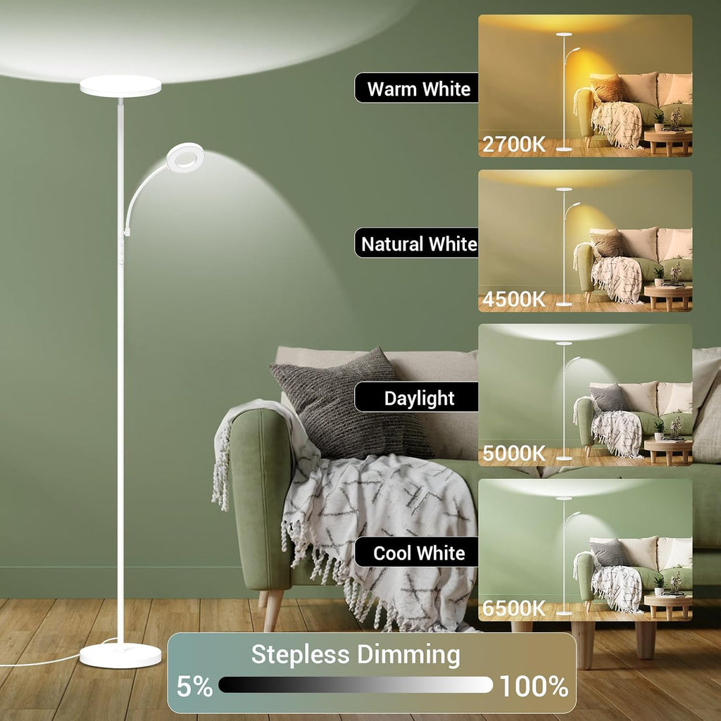 marctronic White Floor Lamp, 42W 4000LM Super Bright LED Room Lamp with Adjustable Reading Light,Dimmable Modern Standing Lamp with Remote & Touch Control for Room Bedroom Office Floor Light