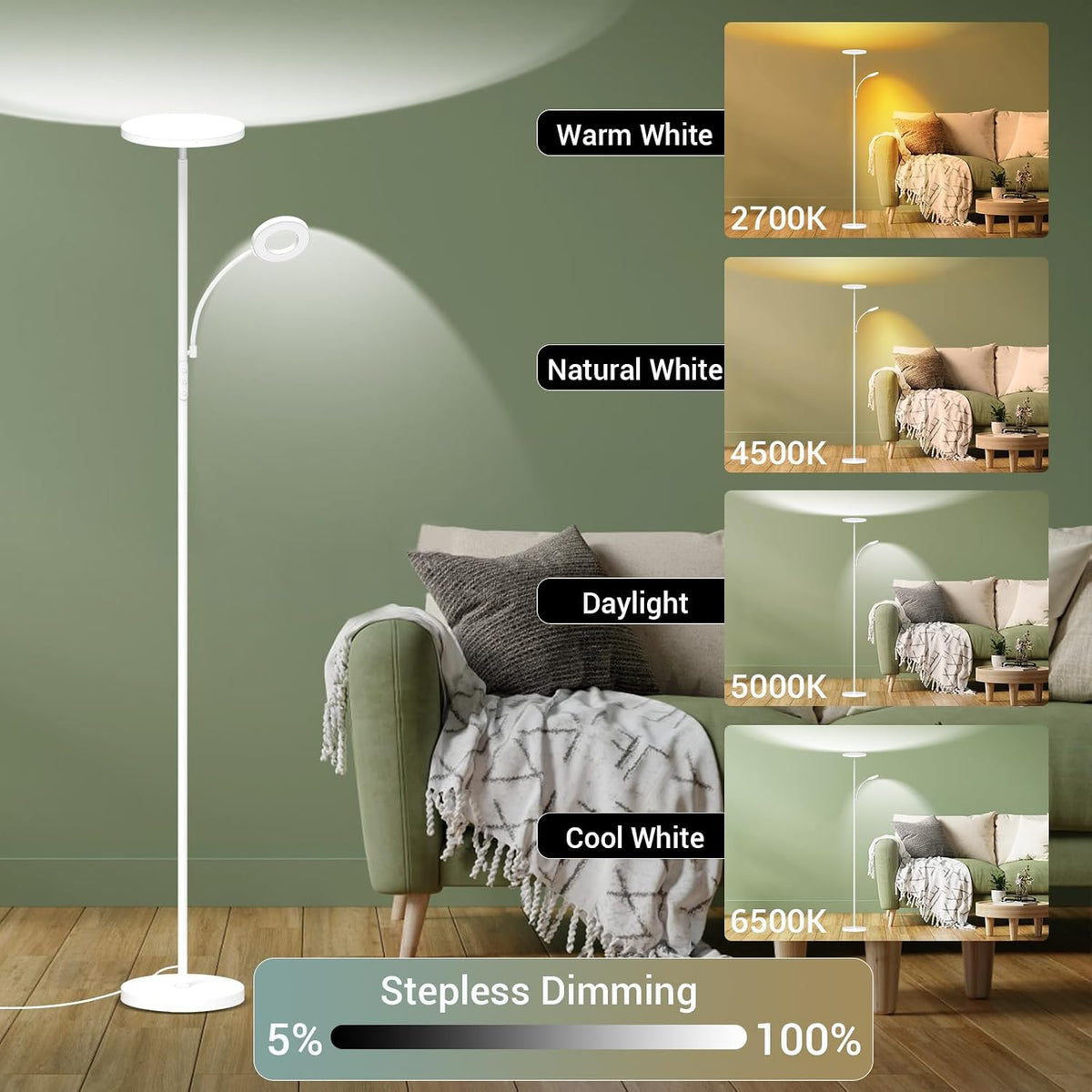 marctronic White Floor Lamp, 42W 4000LM Super Bright LED Room Lamp with Adjustable Reading Light,Dimmable Modern Standing Lamp with Remote & Touch Control for Room Bedroom Office Floor Light