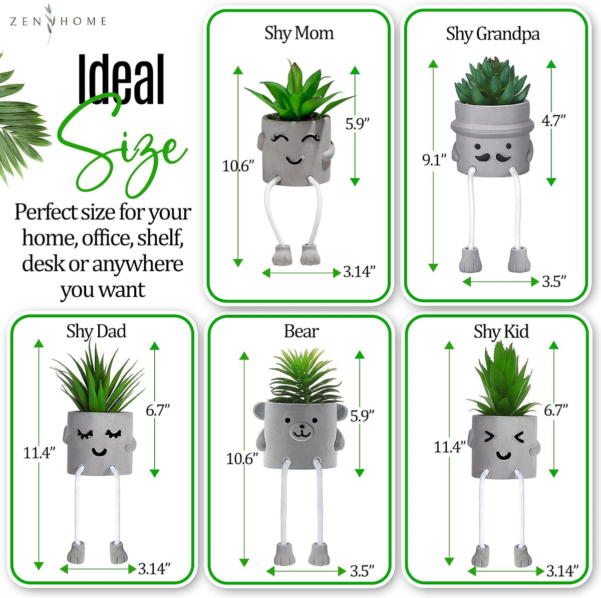 Zen Home Cute Fake Plants for Shelf - Mini Succulent Plants - Small Artificial Plants for Shelf Decor - Desk Plants for Office - Small Faux Plant - Cute Fake Plants for Home, Office, Class (Shy Kid)