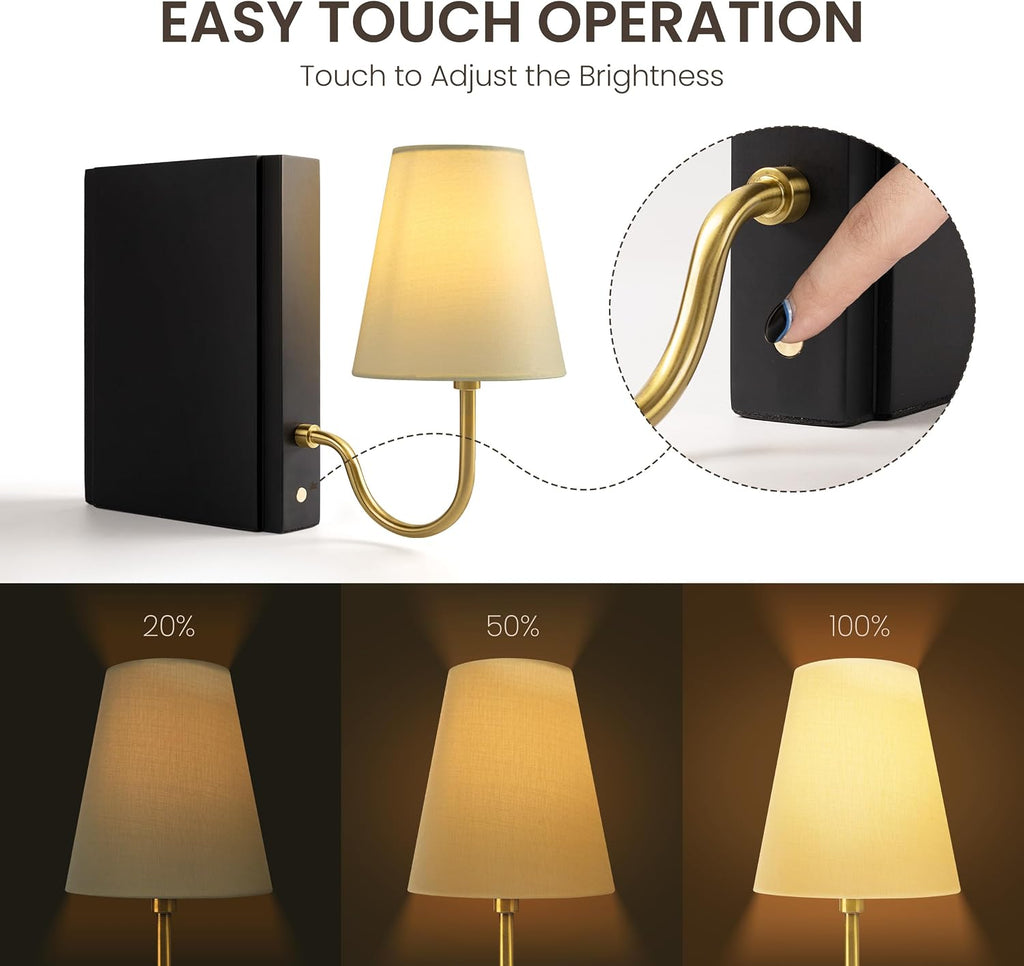 AELS Solid Wood Bookshelf Lamp with Bulb, Cordless Rechargeable Touch Dimmable Table Lamp with Linen Fabric Shade, Modern Decorative Bookend Lamp for Bedroom, Office & Bookshelf Decor, Black