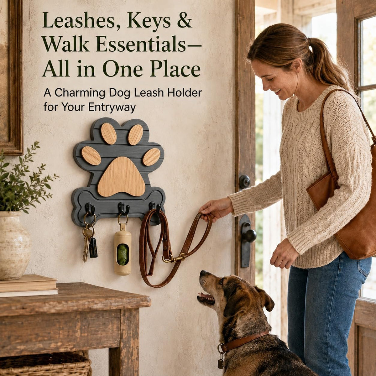 2pcs Dog Leash Holder for Wall, Dog Leash Holder, Dog Leash Hooks for Wall,Dog Leash Hanger,Dog Paw Key Holder,Wall Mounted Dog Leash and Key Holder,Rustic Pine Wood Decor for Home Entryway（Grey）