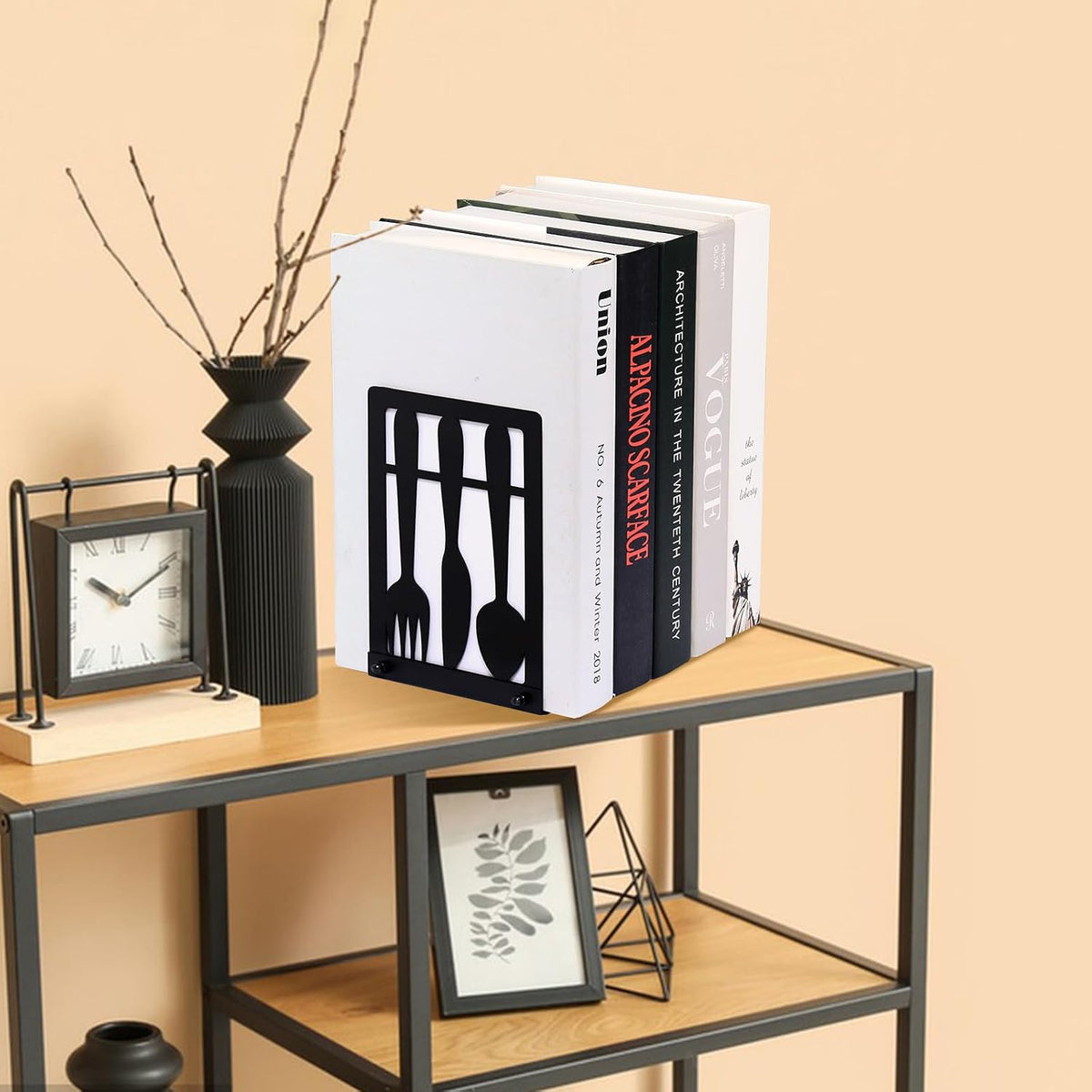 Bnesi Black Metal Bookends, Cookbook Organizer for Kitchen Shelves