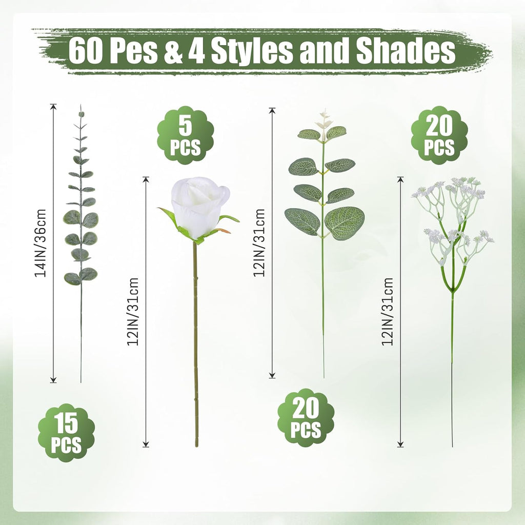 60 Pcs 4 Kinds Mixed Artificial Eucalyptus Greenery Stems Flowers Bulk