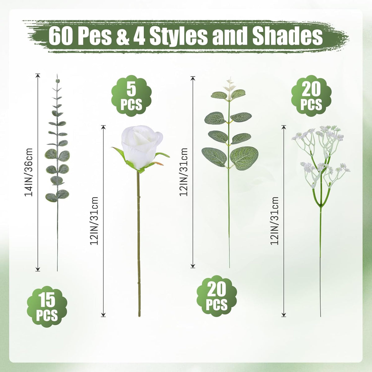 60 Pcs 4 Kinds Mixed Artificial Eucalyptus Greenery Stems Flowers Bulk