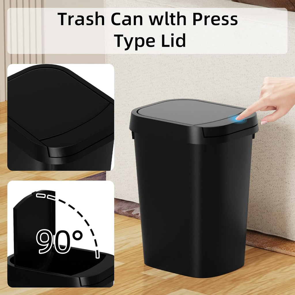 KSSKSS 3 Pack Bathroom Small Trash Can with Lid, 2.6 Gallon Slim Garbage Bin with Pop-Up Lid, 10L Plastic Wastebasket for Bedroom, Office, Kitchen, Toilet (Three Colors)