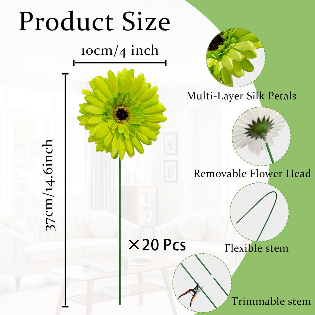 20 Pcs Fake Silk Gerbera Daisy Artificial Flowers with Stems Faux Daisies Flower Bulk for DIY Art Crafts Home Wedding Party Vase Centerpieces Tables Garland Wreath Decoration (Green)