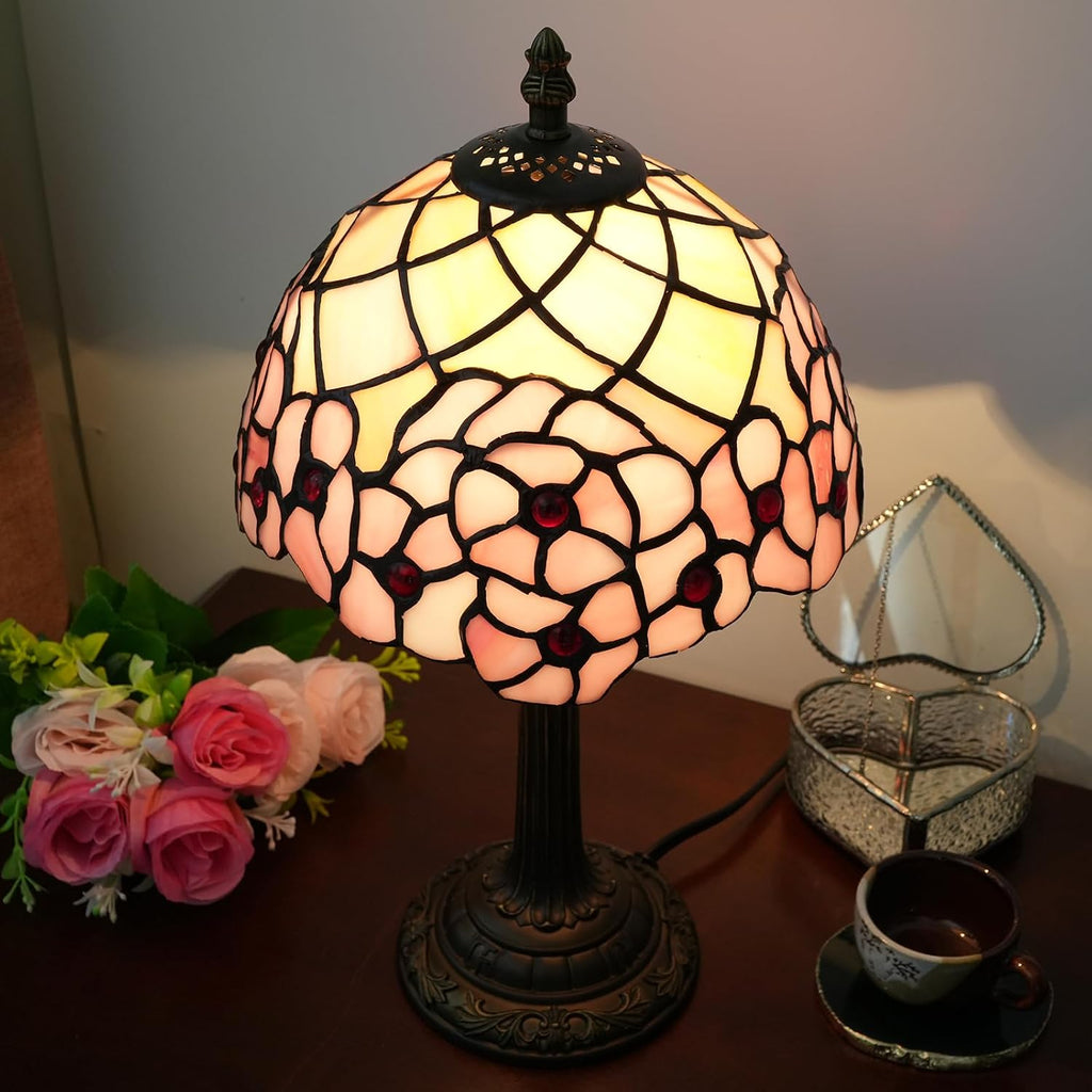 Tiffany Lamp Stained Glass Table Lamp Cherry Blossom Pink Small Bedside Lamp Living Room Dining Room Office Decoration Desk Lamp Home Decoration Creative Gift