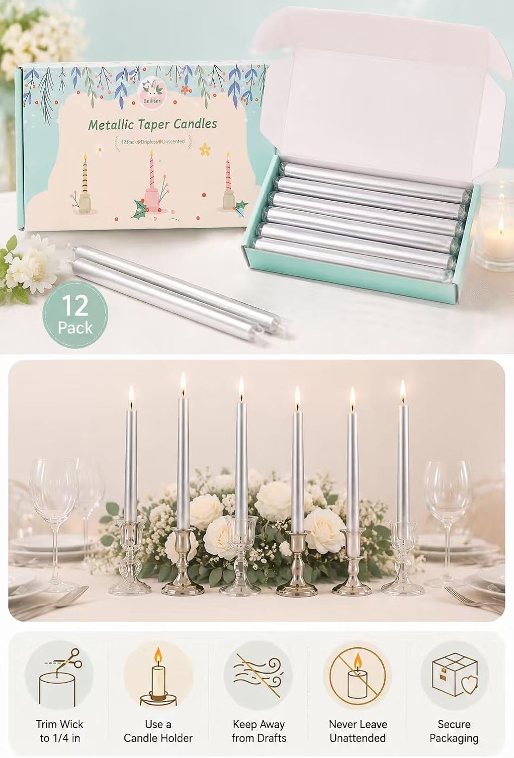 12 Pack Unscented Metallic Silver Taper Candles, Dripless Smokeless