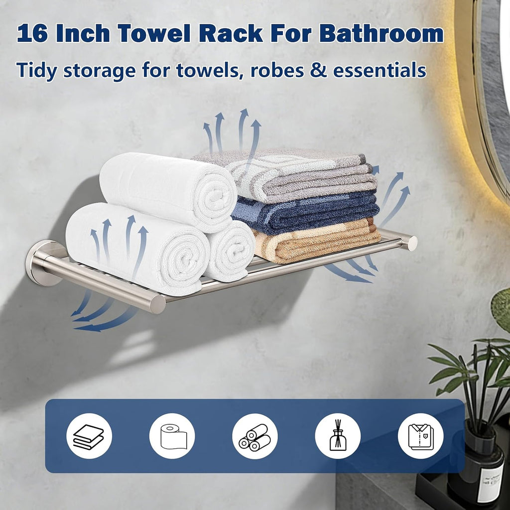 NearMoon Bathroom Accessories Set 6 Pieces, SUS304 Stainless Steel Bathroom Hardware Set, Shower Towel Rack for Kitchen, Towel Holder Wall Mounted (16 Inch, Brushed Nickel)