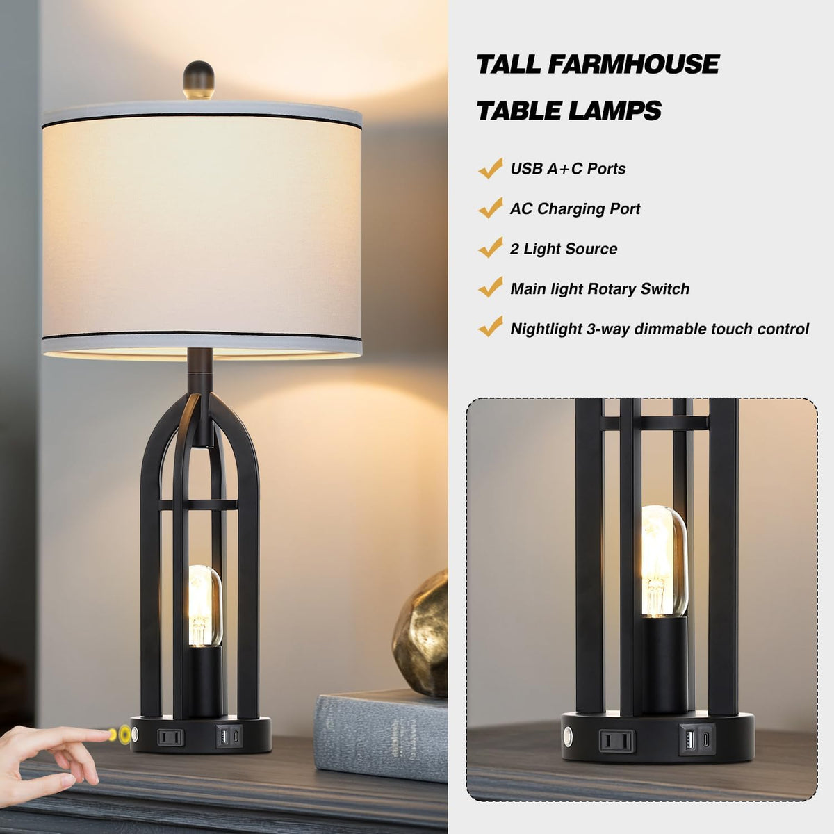 27" Tall Vintage Table Lamp with USB C+A & Outlet,Black Industrial End Table Lamp for Living Room,Farmhouse Rustic Bedside Lamps with Night Light for Bedroom Nightstand,Black（2 LED Bulbs Included）