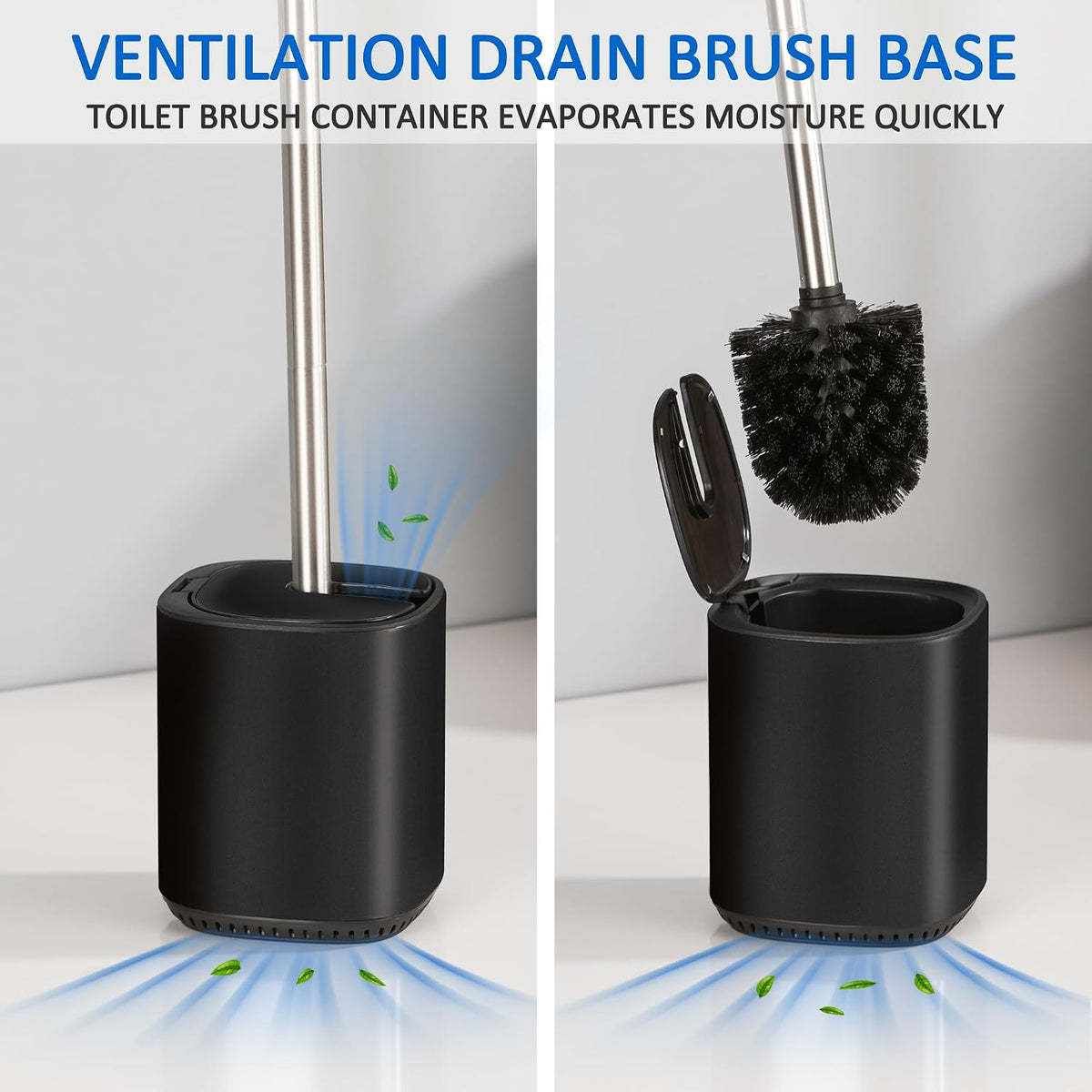 Toilet Bowl Brush and Holder, Toilet Brush with Stainless Steel Handle and Durable Bristles for Bathroom Cleaning, Automatic Closing Holder Set (Black)