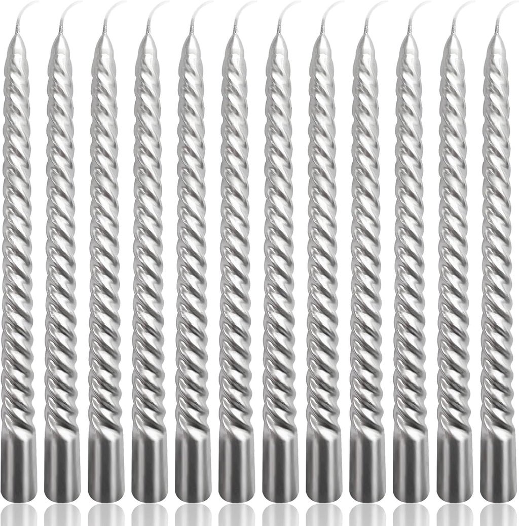 10 Inch Silver Spiral Taper Candles Set for Holiday Decor, 12 Pack Unscented Twisted Candlesticks, Dripelss Thin Tapered Candles for Wedding Dinner Parties Galas Award Ceremonies Religious
