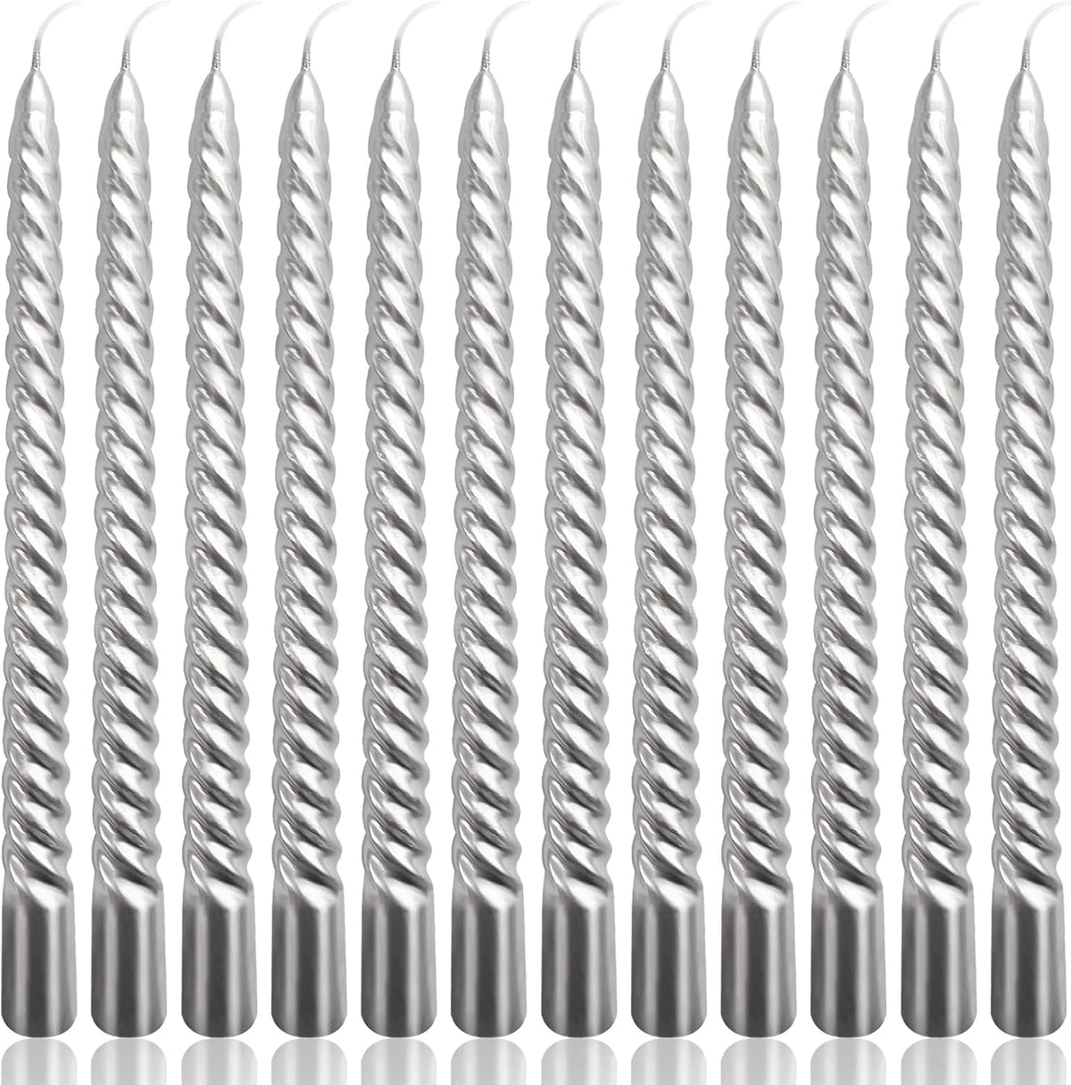10 Inch Silver Spiral Taper Candles Set for Holiday Decor, 12 Pack Unscented Twisted Candlesticks, Dripelss Thin Tapered Candles for Wedding Dinner Parties Galas Award Ceremonies Religious