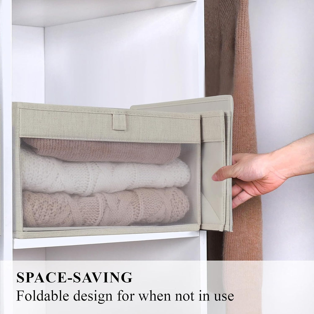 WUIKE Closet Storage Bins, Clear Window, Linen Beige, Large, 3-Pack