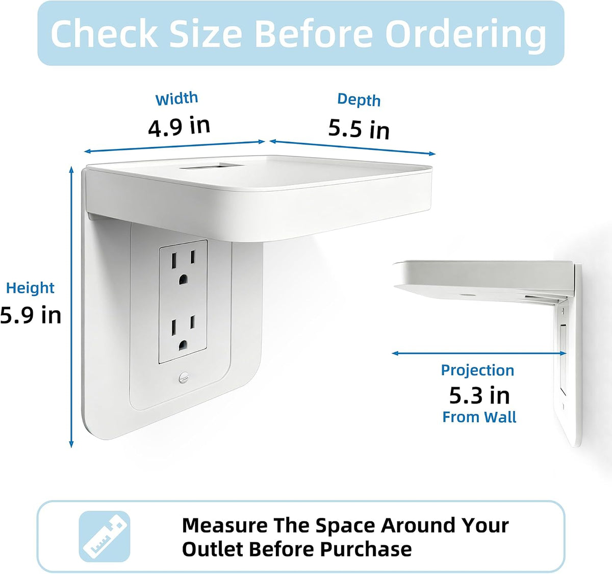 Outlet Shelf with Cord Storage for Duplex & Decora Outlets, White, 1-Pack