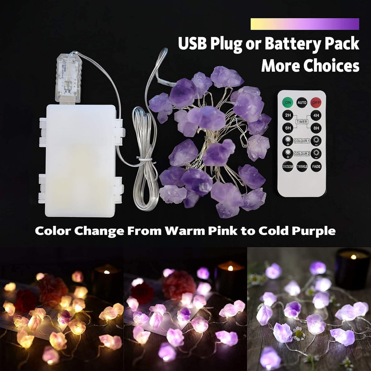 Natural Amethyst Crystal Color-Changing Fairy Lights, 10ft 30 LED with Remote Control. USB or Battery Operated, Decorative Geode String Lights for Bedroom, Christmas, and Spiritual Decor
