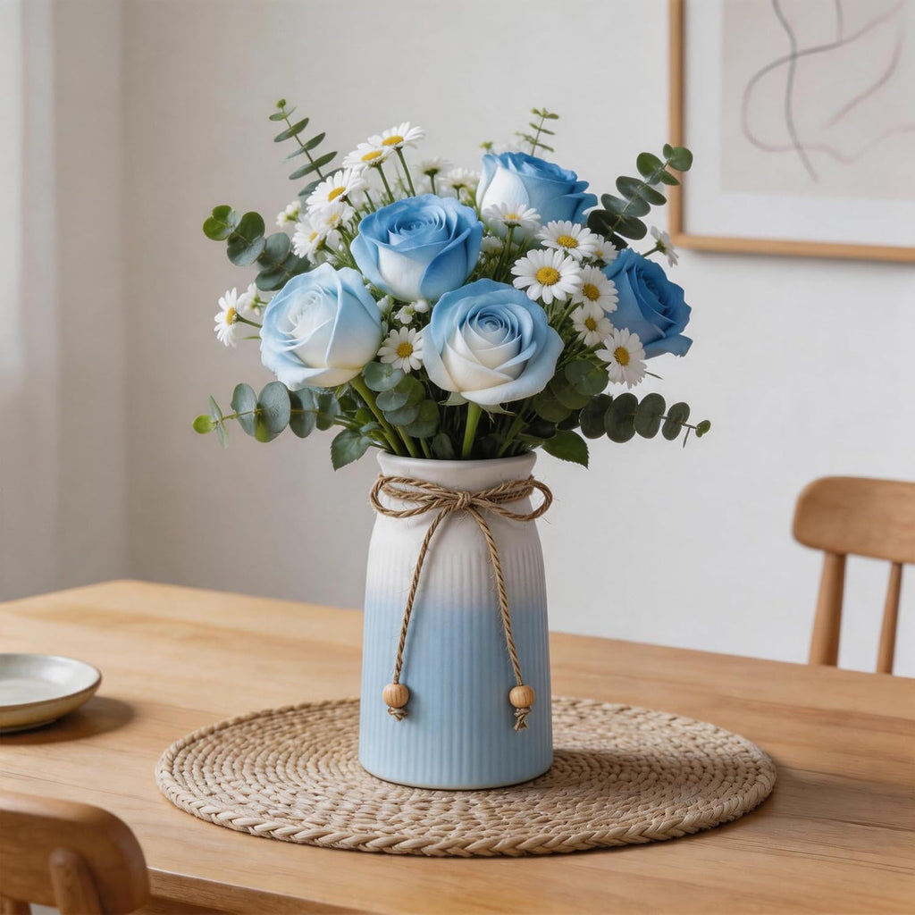 Small Ceramic Vase for Home Decor, 6" Farmhouse Ribbed Vase with Twine Bow, Blue Decorative Flower Vase for Pampas Grass, Rustic Boho Vase for Table, Shelf, Living Room, Office