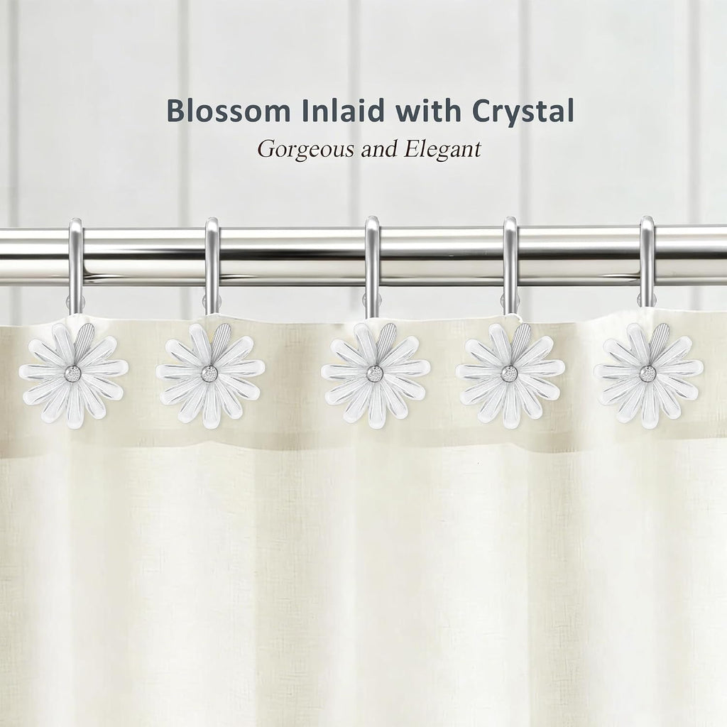Shower Curtain Hooks, Rust Resistant Cute Daisy Metal Decorative Shower Rings Hangers Set of 12 for Bathroom Curtains,Clothing, Towels (Silver White)