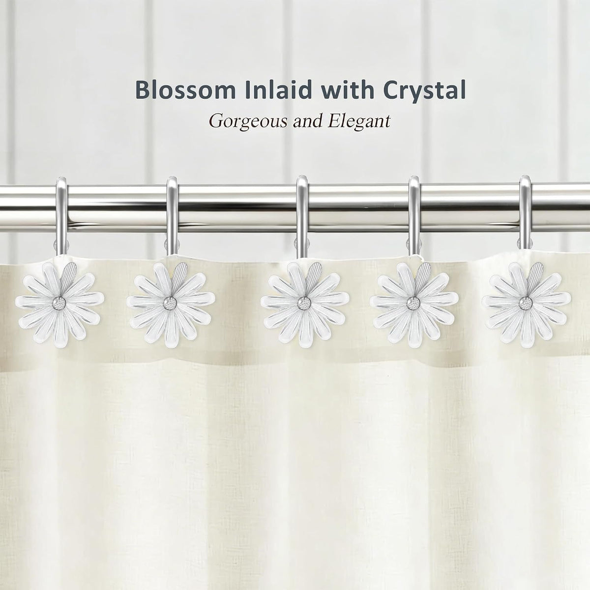 Shower Curtain Hooks, Rust Resistant Cute Daisy Metal Decorative Shower Rings Hangers Set of 12 for Bathroom Curtains,Clothing, Towels (Silver White)
