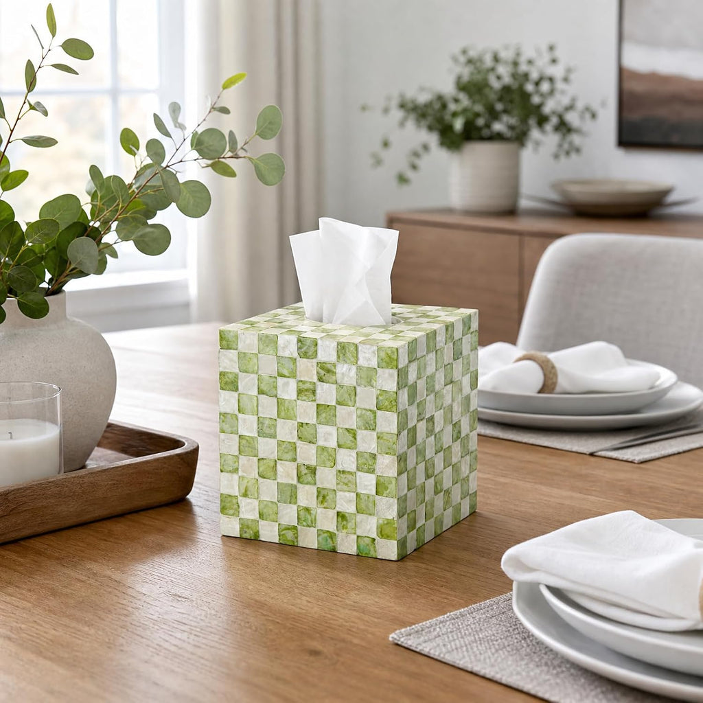 YANGQIHOME Capiz Shells Tissue Box Cover, Handmade Decorative Tissue Box Holder with Mother of Pearl, Square Facial Tissue Holder for Bathroom, Living Room, Kitchen, 5.5" x 5.5" x 5.9" (Green)