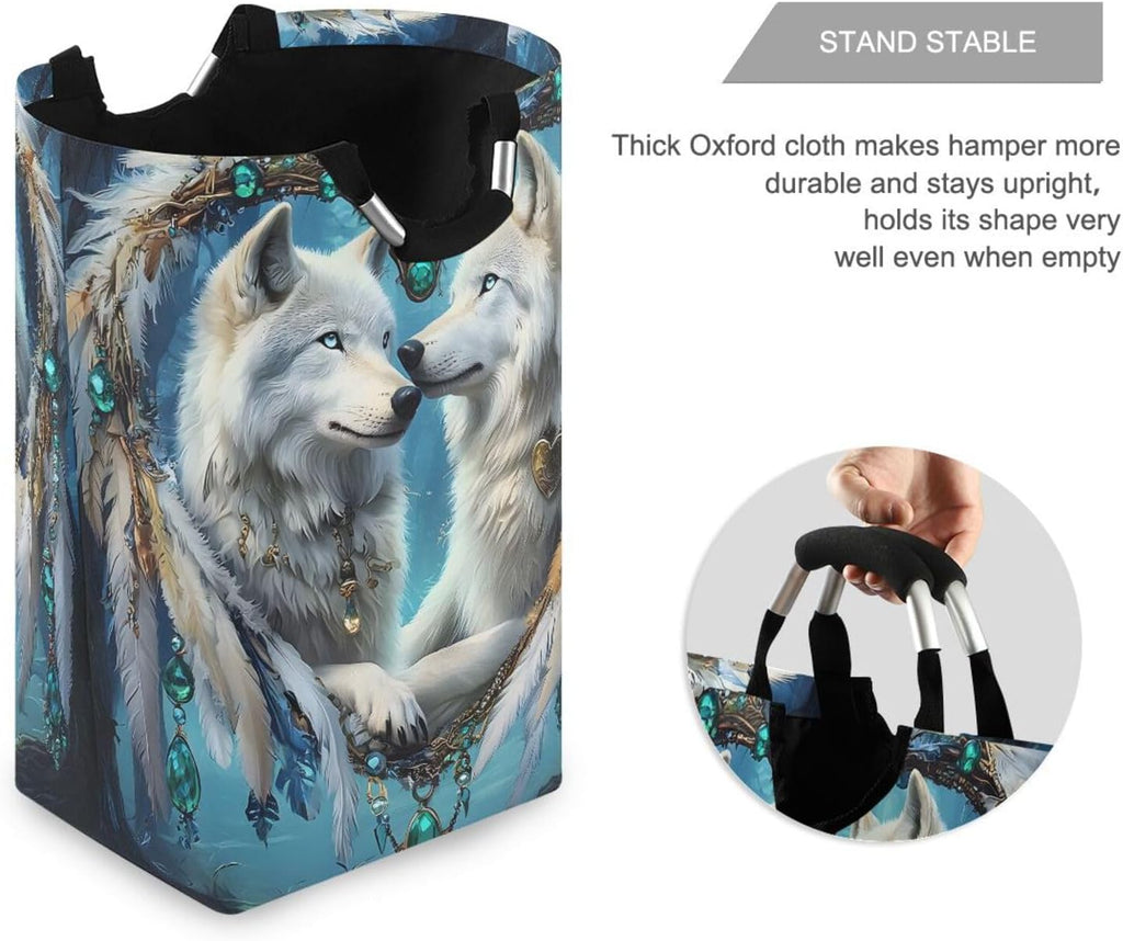 ALAZA Arctic Wolf Dreamcatcher Large Laundry Hamper Basket Laundry Bag Stylish Collapsible Oxford Cloth Home Storage Bin with Handles, 22.7 Inch