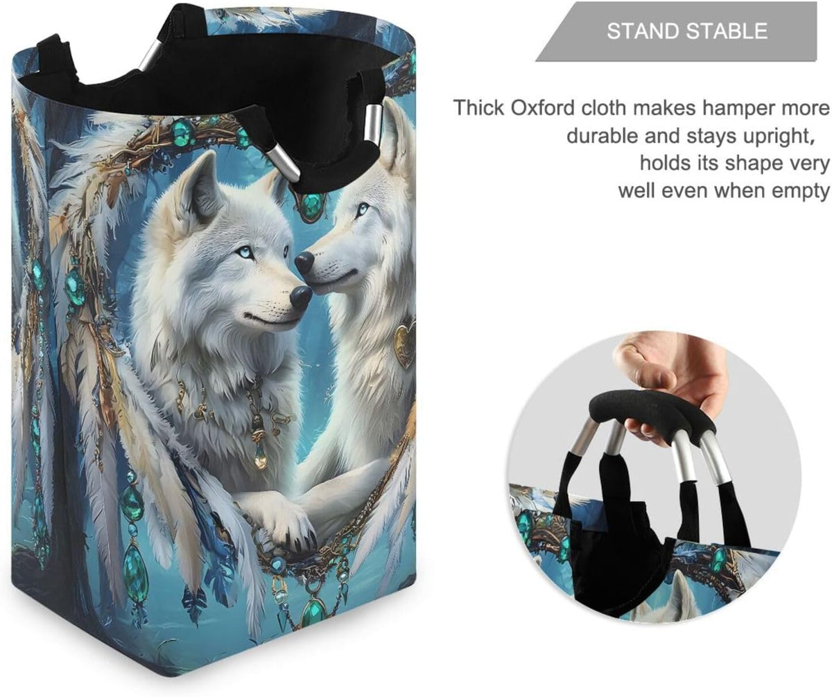 ALAZA Arctic Wolf Dreamcatcher Large Laundry Hamper Basket Laundry Bag Stylish Collapsible Oxford Cloth Home Storage Bin with Handles, 22.7 Inch