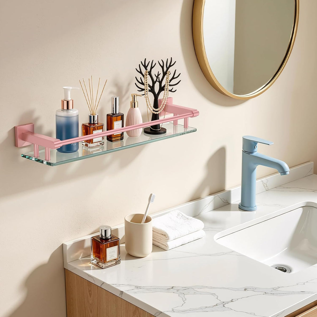 Glass Shelf for Bathroom Rectangular Stainless Steel Tempered Glass Modern Stainless Steel Wall Mount Shelf (Pink, 20″ with Railing)