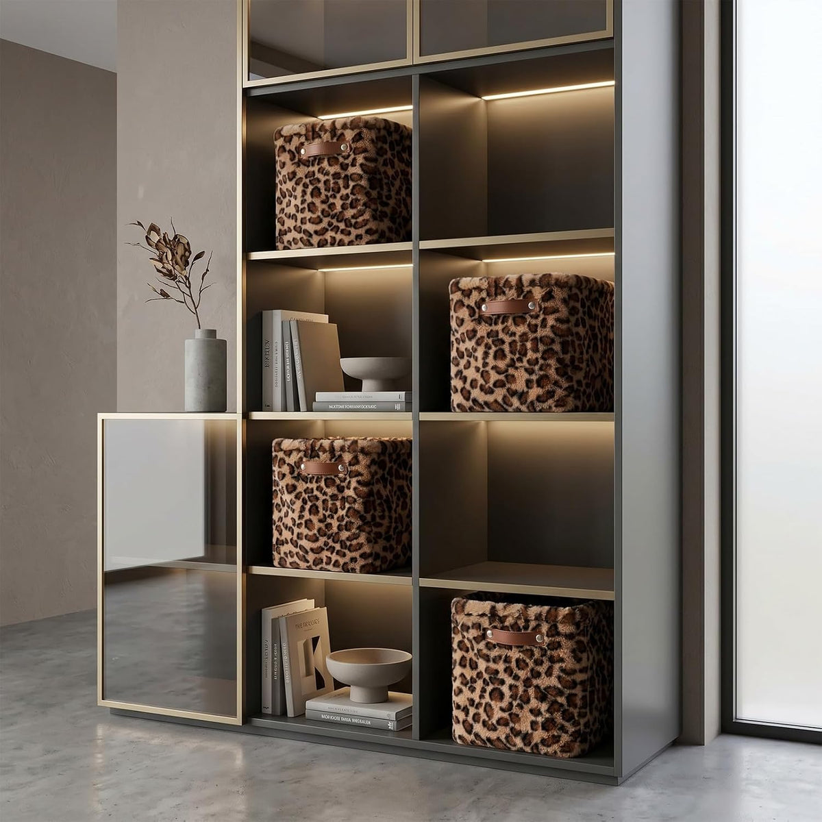 FoldTier 4 Pcs Brown Leopard Print Faux Fur Storage Cubes Bins 11"