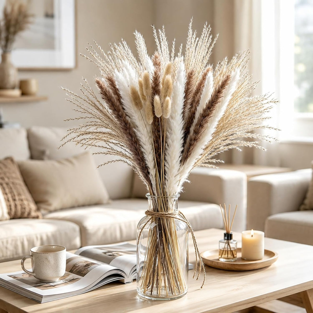 Pampas Grass Boho Bouquet Dried Flowers Bouquet for Vase Home Decor Bouquet Phragmites Dried Flowers Bouquet for Living Room Decorations, Wedding Table Décor, Table Centerpiece