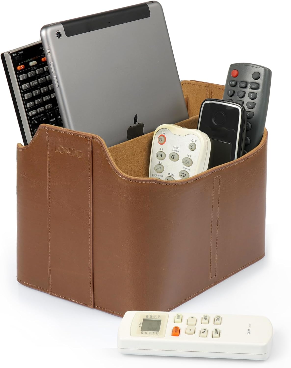 Londo PU Vegan Leather Desk Organizer Cube with Tablet Slot, Nightstand Caddy & Couch Organizer — 4 Remote Pockets + iPad/Kindle Slot, Makeup Brush Holder, Suede Lined, 8 x 6.1 x 6.1 in, Light Brown