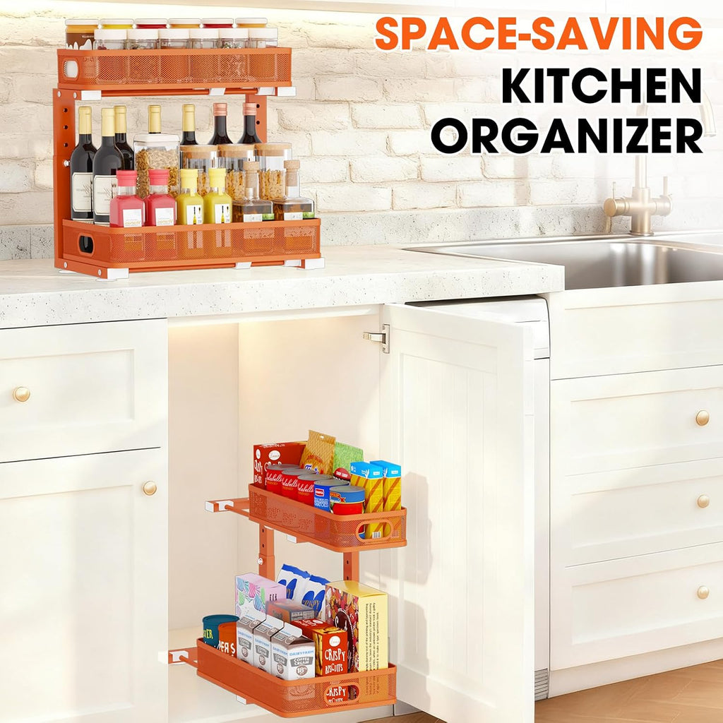 Under Sink Organizer 4-Pack, Metal 2-Tier Pull-Out Cabinet Shelf with Slide-Out Mesh Drawers, Height Adjustable, Space-Saving Under Sink Storage Racks for Kitchen, Bathroom, Laundry Room, Orange
