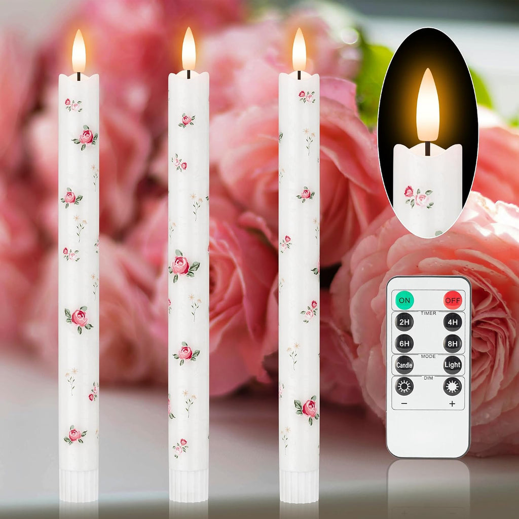JOIONE Rose Flameless Taper Candles with Remote, 3 Pack Home Decor