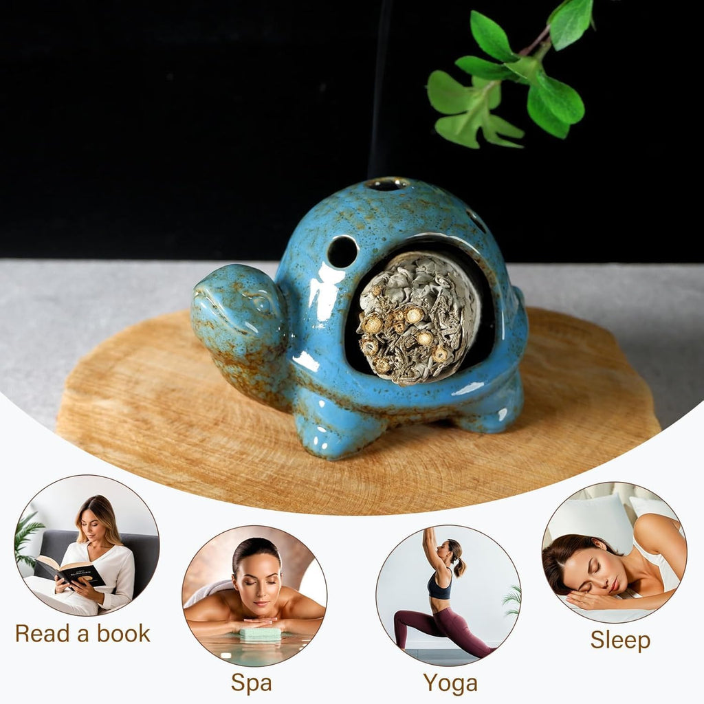 MOUGIGI Blue Ceramic Turtle Palo Santo Burner - Mini Chiminea, Burns