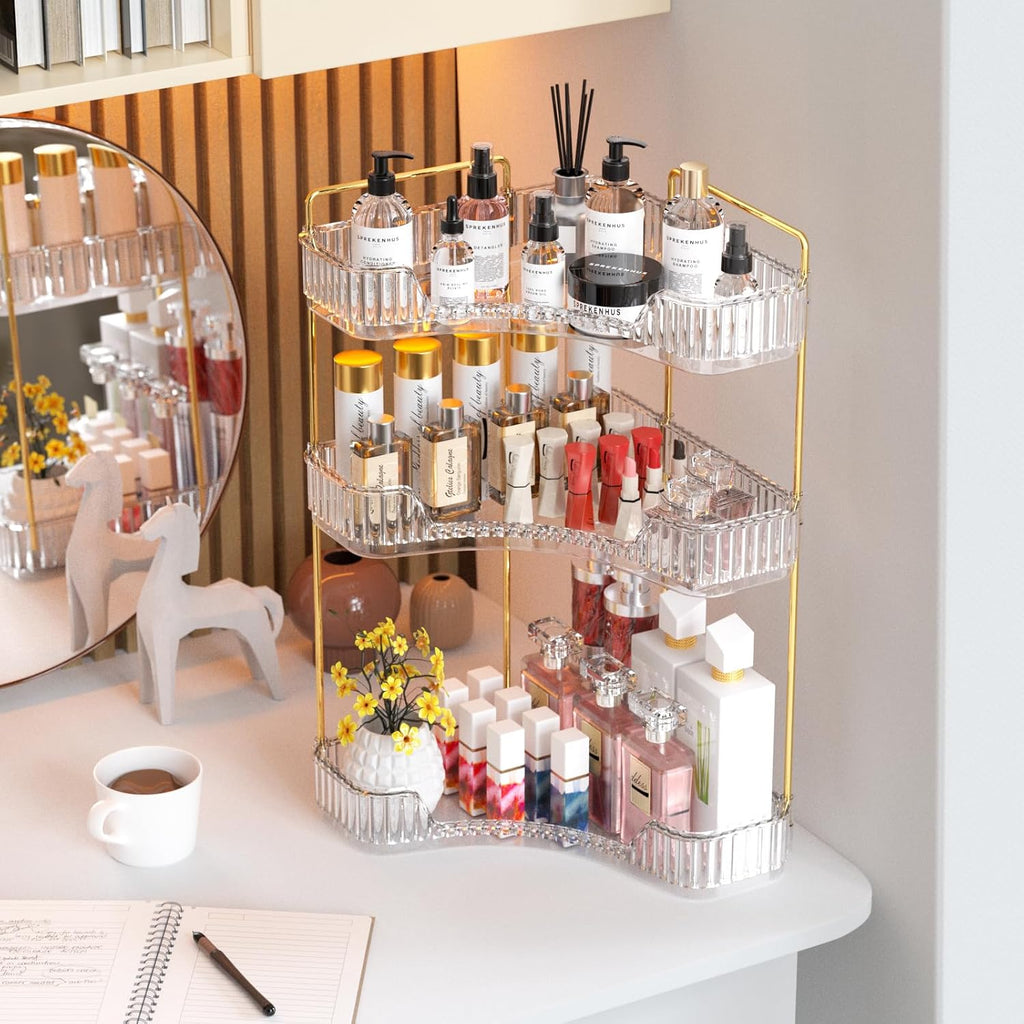 GTI 3-Tier Corner Bathroom Counter Organizer, Large Capacity Makeup Organizer Countertop, Perfume Cosmetics Skincare Vanity Organizers, Exquisite Countertop Storage for Women (Clear)