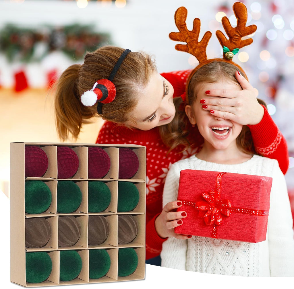 Artmag 16 Pcs Velvet Christmas Balls Hanging Ornaments Set, Shatterproof Plastic Flocked Christmas Tree Balls Xmas Decorations Festival Holiday Party Decor (Red,Green,Brown,2.36 Inch)
