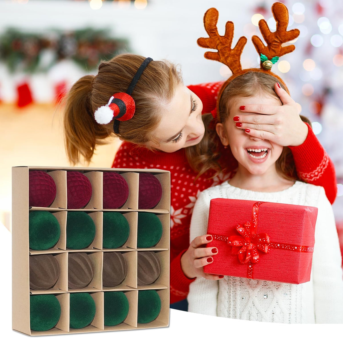 Artmag 16 Pcs Velvet Christmas Balls Hanging Ornaments Set, Shatterproof Plastic Flocked Christmas Tree Balls Xmas Decorations Festival Holiday Party Decor (Red,Green,Brown,2.36 Inch)
