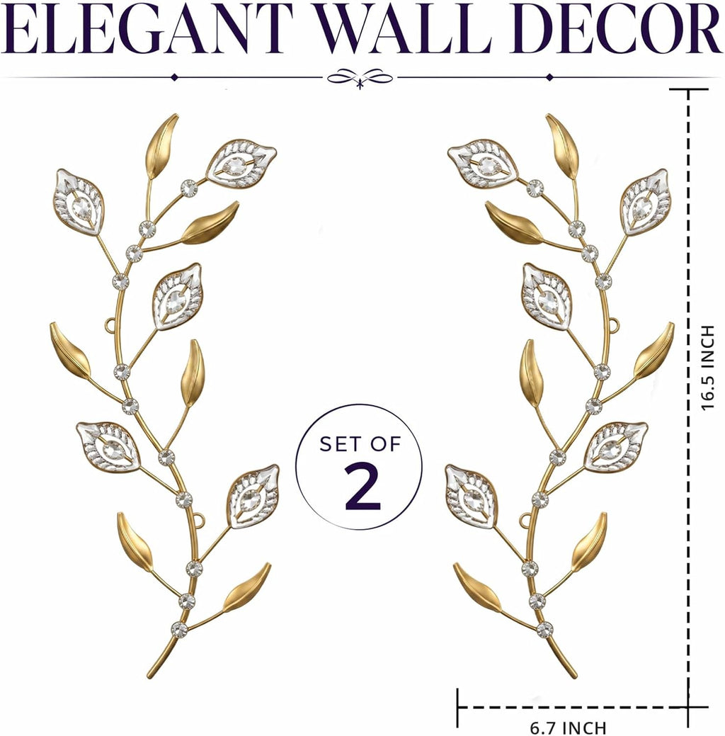 sxnzequnze 2 Set Metal Tree Leaf Wall Art for Home Decor Living Room Bedroom Dining Room Bling Rhinestone, 3D, Iron Branch Hanging Leaf Sculpture Art Pieces -Gold 16.5in*6.7in